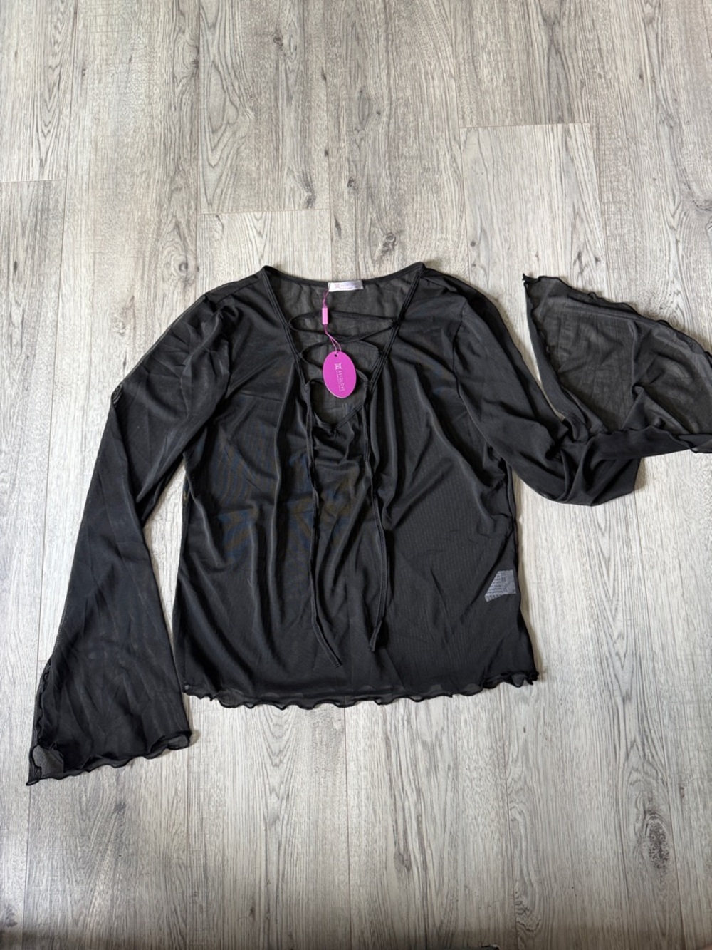 Black Sheer Long-Sleeve Lace-Up Women's Blouse with Flowy Bell Sleeve